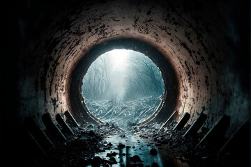 Obraz premium tunnel of light, inside a sewage pipe, a beautiful rusty texture, a generative ai illustration with beams and remains of water, an abandoned marshland with bushes visible in the background