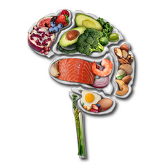 Brain Power Food to boost brainpower concept as a group of nutritious nuts fish vegetables and berries with omega-3 fatty acids in plates for cognitive health