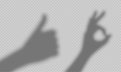 Hands shadows with thumb up and ok sign. Overlay effect of shade silhouettes of human hands show like, okey, approve gesture, vector realistic illustration isolated on transparent background