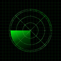 Green radar display. Military enemy search system. Vector illustration.