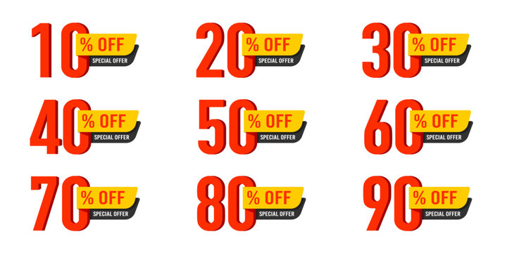 Set of numbers discounts for sale or marketing banner. Vector illustration.