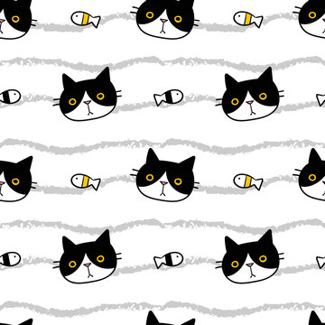 Seamless Pattern with Cartoon Cat Face and Fish Design on White Background with Wavy Lines
