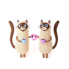 Happy Valentine's Day. Romantic couple creative composition. Realistic 3d Cartoon cute cats. Festive decorative objects, heart donut, cups. Love time. 3D render. White background
