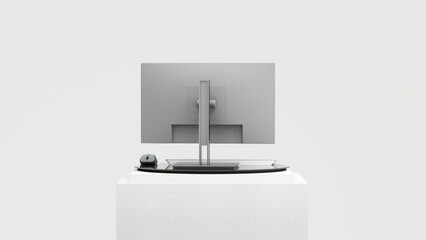 A slowly rotating pc desktop computer is displayed on the display stand. on a white background Use it for marketing and promotional gadgets. 3d rendering animation looping