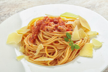Italian pasta Spaghetti bolognese with parmesan