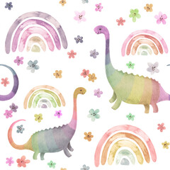 Neutral tones unisex nursery earthy color rainbow dinosaurs, flowers and rainbow seamless pattern. Monochrome subtle dino background. Watercolor repeated pastel muted baby design - 553389578