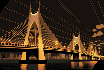 Fototapeta premium 14th of July 2019 in Bangkok, Thailand, Bhumibol Bridges 1 and 2 the biggest bridge with nighttime lighting above the Chao Phraya River. Generative AI
