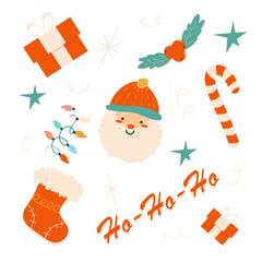 christmas stickers with santa, gifts, candy cane, lights