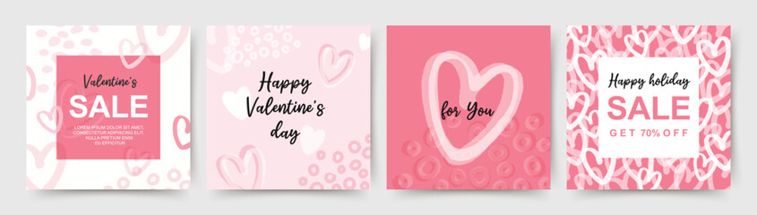 Valentine's day holidays square pink templates. Social media post with hearts. Sales promotion on Valentine's Day. Vector illustration for greeting cards, mobile apps, banner design and web ads - obrazy, fototapety, plakaty
