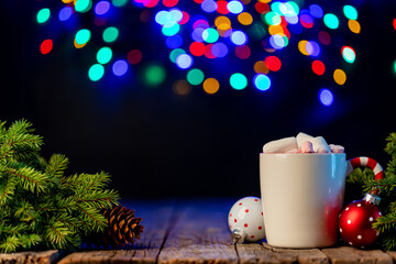 Hot chocolate with marshmallow, Christmas tree branch