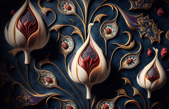 Turkish Ebru art, tulip pattern, close up. Generated AI