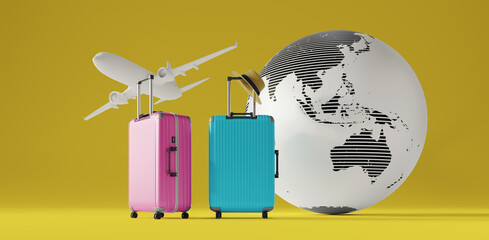 trip luggage and earth and plane background, 3d rendering