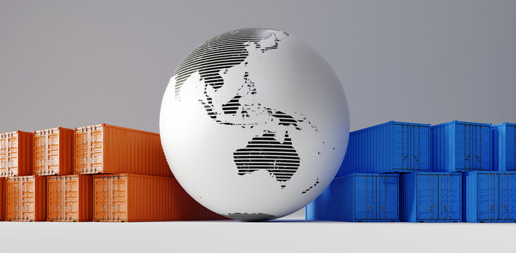 shipping containers and global earth sphere background, 3d rendering