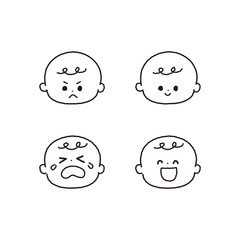 喜怒哀楽赤ちゃんの顔アイコン白黒線画セット