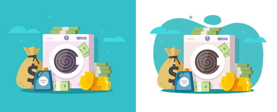 Money laundering vector or illegal criminal cash laundry clean wash machine flat cartoon illustration, dirty currency fraud finance washer cleaning legitimate service modern icon design image