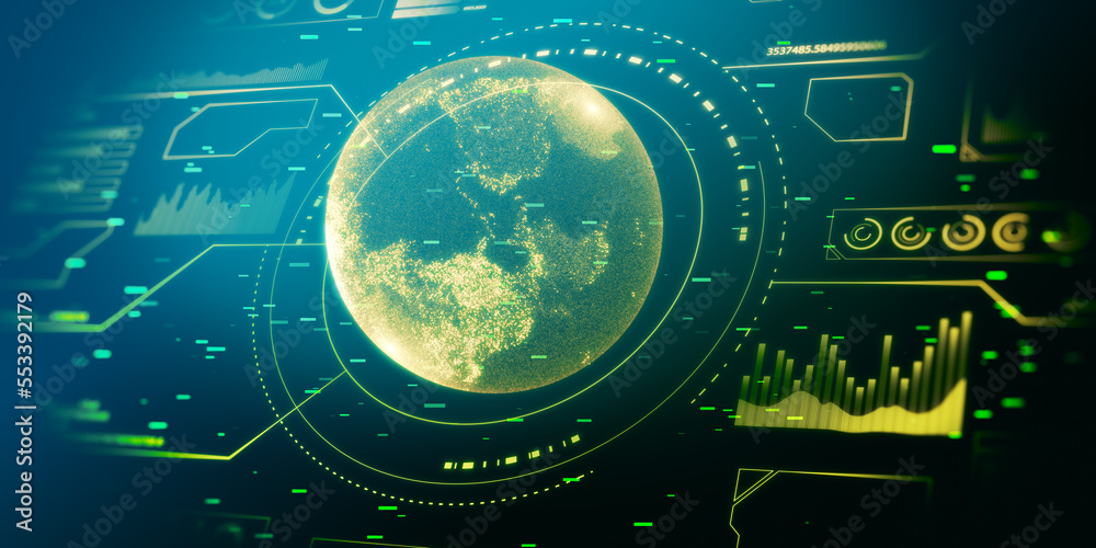 Aufkleber Innovation and global data concept with abstract digital interface with world map in the center of technological background, hud template. 3D rendering