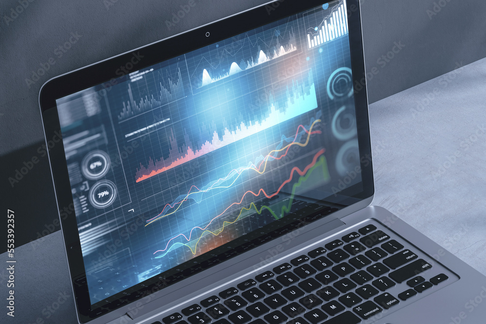 Poster close up of notebook with digital business graph hologram on blurry blue background. trade, finance 