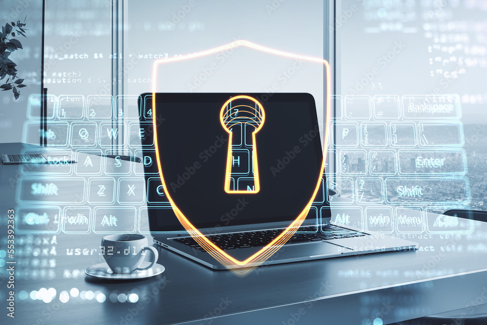 Poster Cyber security and data protection concept with front view on digital dark shield with keyhole on blue keyboard background. Double exposure