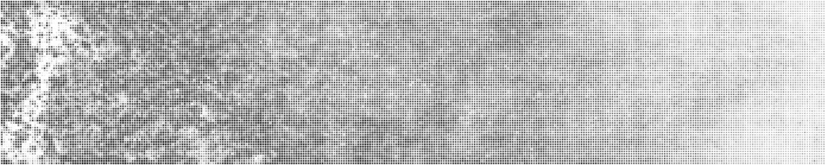 Black Halftone Texture On White Background. Modern Dotted Futuristic Backdrop. Fade Noise Overlay. Wide horizontal long banner for site. Pop Art Style. Vector Illustration, Eps 10.