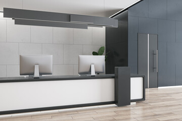 Bright wooden and concrete office reception interior with desk and computer monitors. Hotel lobby and waiting area concept. 3D Rendering.
