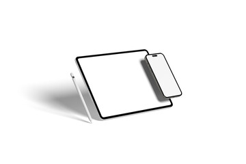 Realistic Tablet and Smartphone Mockup with White Wallpaper Screen Isolated on white