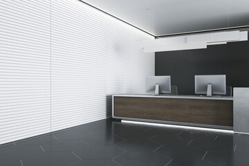 Modern wooden and concrete office reception interior with empty mock up place on wall, desk and computer monitors. Hotel lobby and waiting area concept. 3D Rendering.