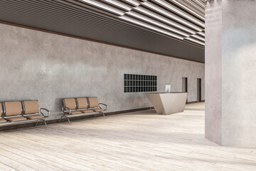 Contemporary concrete marble office lobby with wooden flooring, reception desk and seats. Law and legal, commercial, workplace concept. 3D Rendering.