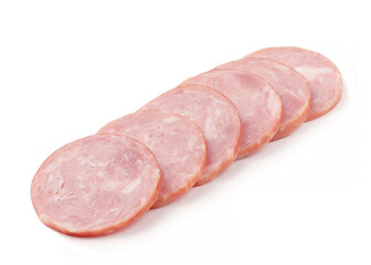 Sliced smoked sausage on a white background