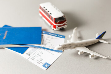 Passport and plane with holiday travel ideas.
