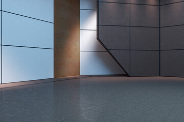 Urban futuristic concrete tile interior wallpaper. Spaceship or gallery interior concept. 3D Rendering.