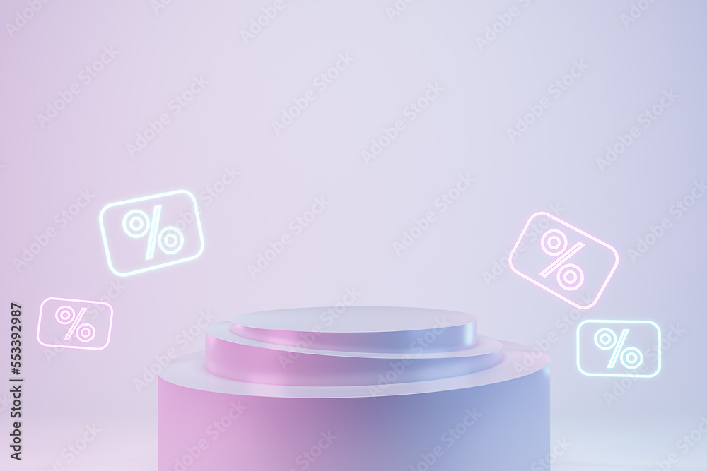 Poster creative empty pink product display on light background with glowing percentage signs. promotion sal