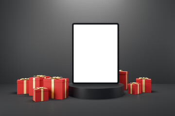 tablet on creative pedestal surrounded with red christmas present boxes on dark background with mock up place. Holiday, celebration, gift purchase and commercial design concept. 3D Rendering.