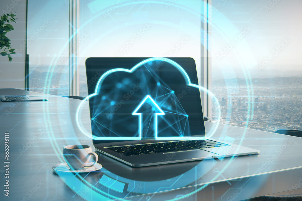 Aufkleber uploading files to cloud concept. close up of office workplace with laptop, coffee cup, glowing digi
