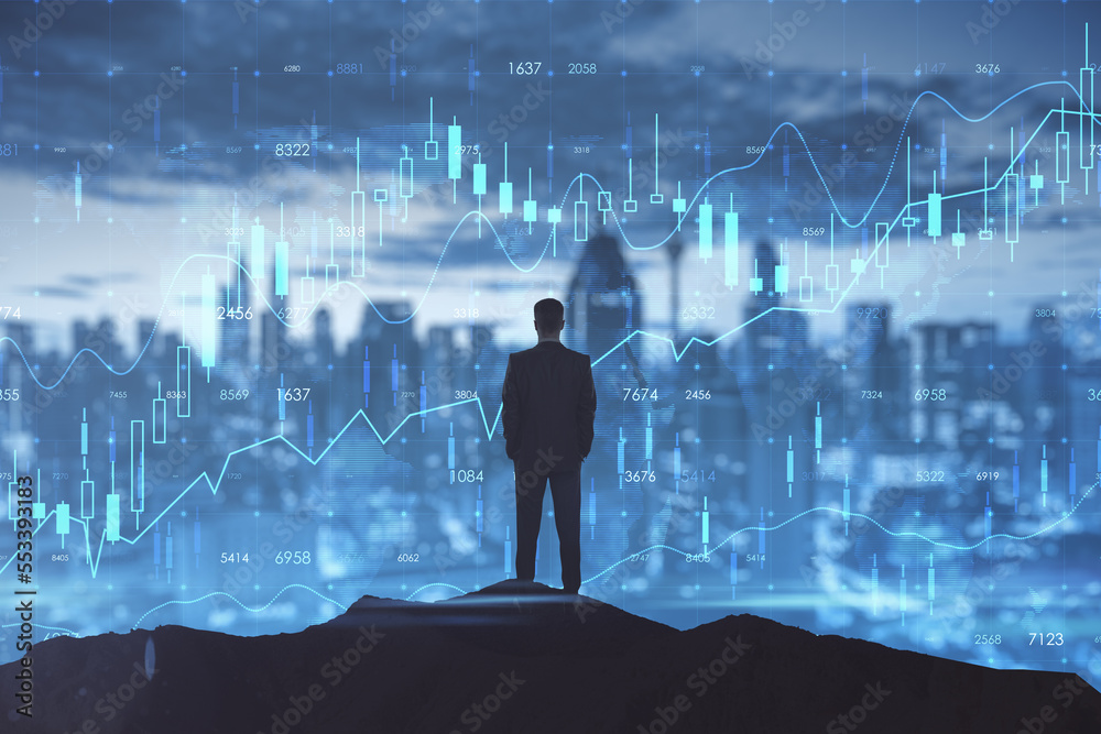 Poster back view of backlit man looking at glowing business forex chart hologram and grid on blurry night c
