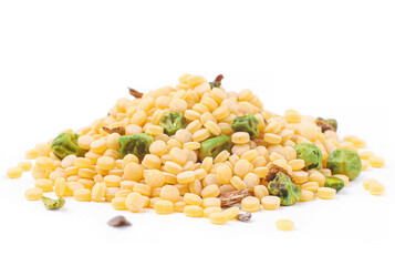 Raw pearl couscous with peas and dry mushrooms, white background