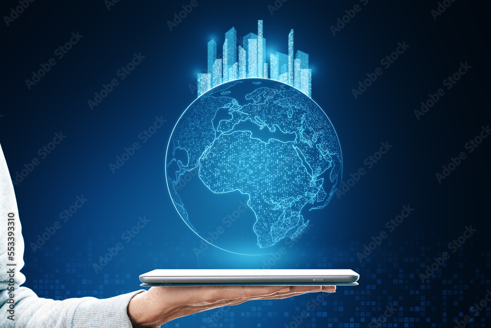 Poster close up of female hand holding tablet with glowing map with city hologram on blurry background. abs