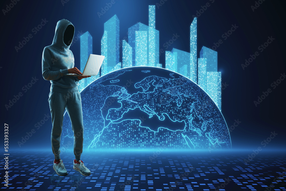 Poster Hacker using laptop computer with glowing map with city hologram on blurry background. Abstract metaverse virtual reality concept building and digital map.