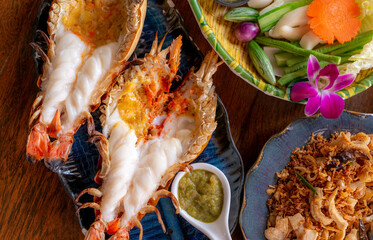 Grilled giant river prawn in a Thai luxury restaurant. Seafood in Thailand. Grilled giant river...