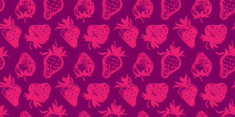 Red strawberry pattern seamless, strawberries illustration for fabric ornament, textile design. Hand drawn vector berry. Juice or jam label design. Bright pink berries background. Strawberry backdrop.