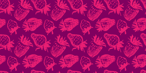 Red strawberry pattern seamless, strawberries illustration for fabric ornament, textile design. Hand drawn vector berry. Juice or jam label design. Bright pink berries background. Strawberry backdrop.
