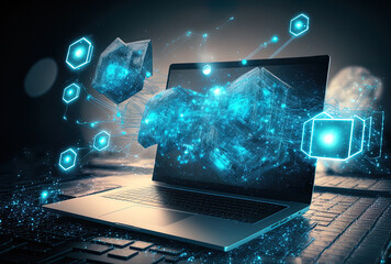 Blockchain technology concept with digital money transfers and decentralized multi exposure on contemporary laptop background. Generative AI