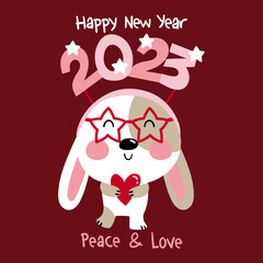 Illustration of a cute rabbit with a headband with the numbers 2023, star-shaped glasses and a heart in his hands, he congratulates us the new year with peace and love