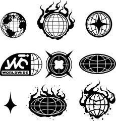 A globe with flames represents global warming. It signifies the Earth and destruction caused by increasing temperatures in style of Y2K 