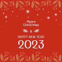 Christmas or New year card with gold branch garland, snowflakes and hand written fonts on red background vector.