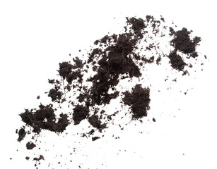 Black Fertilize Soil ready to planting, good organic soils with root for garden farming, fine detail of soil throw fly in air with dust dirty. High speed freeze shot over White background Isolated.