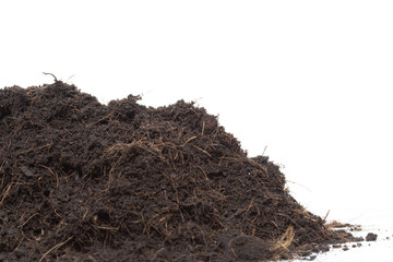 Black Fertilize Soil ready to planting, good organic soils with root for garden farming, pile set texture detail of soil with roots dust dirty.  close up selective focus over White background Isolated