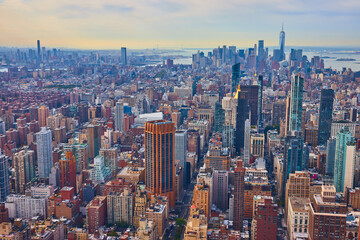 Overlooking New York City in soft light with view of Manhattan