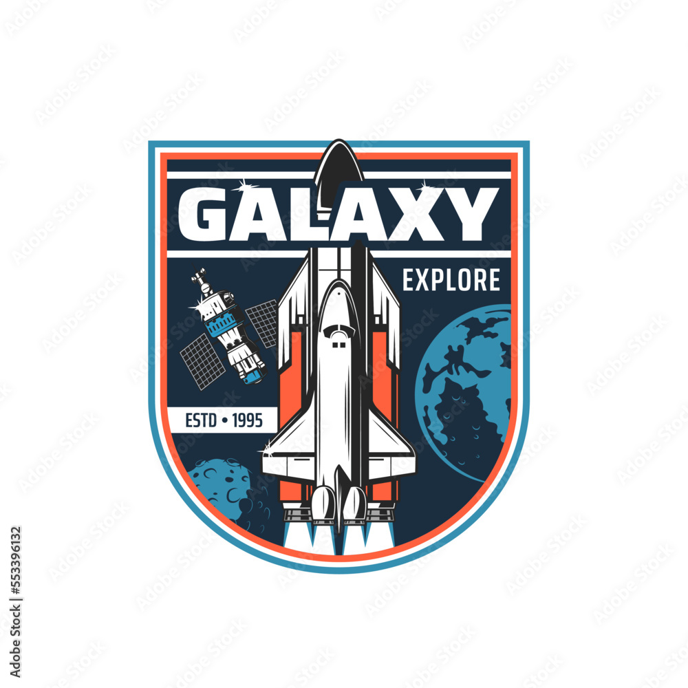 Poster space shuttle and satellite icon. vector rocket missile booster carrier with spaceship on board leav