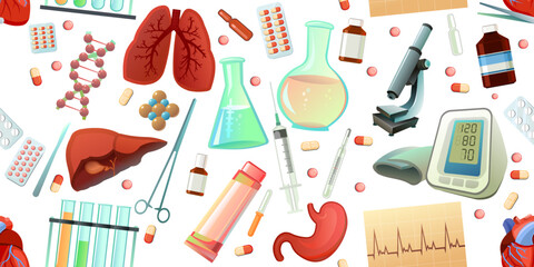 Medicine and treatment items seamless pattern. Cartoon style. Subjects of study. Equipment and human internal organs for treatment. Isolated on white background. Vector.
