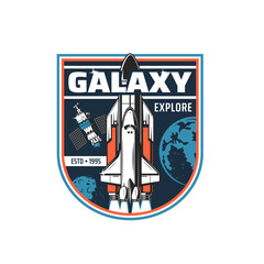 Space shuttle and satellite icon. Vector rocket missile booster carrier with spaceship on board leave Earth to explore galaxy. Mother rocket take off, cosmos research, exploration mission icon
